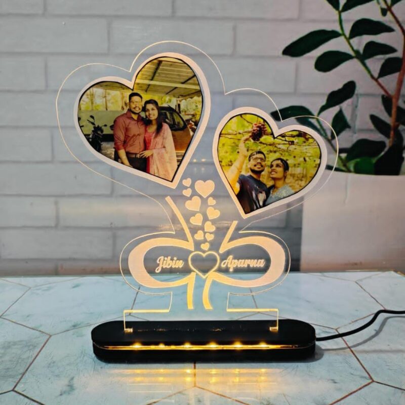 Personalized Heart LED Photo Lamp - Dual Heart Design with Custom Names & Pictures