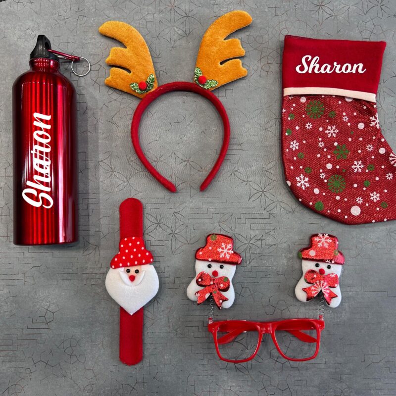 Personalized Christmas Gift Set - Custom Name Bottle - Festive Stocking - Accessories & More