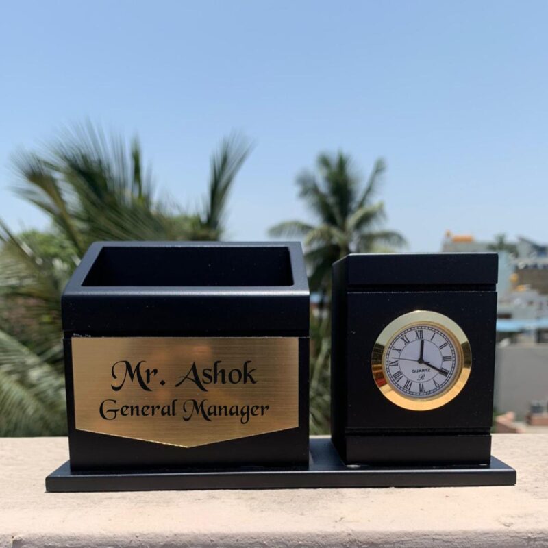 Personalized Pen Stand with Clock and Name Engraving