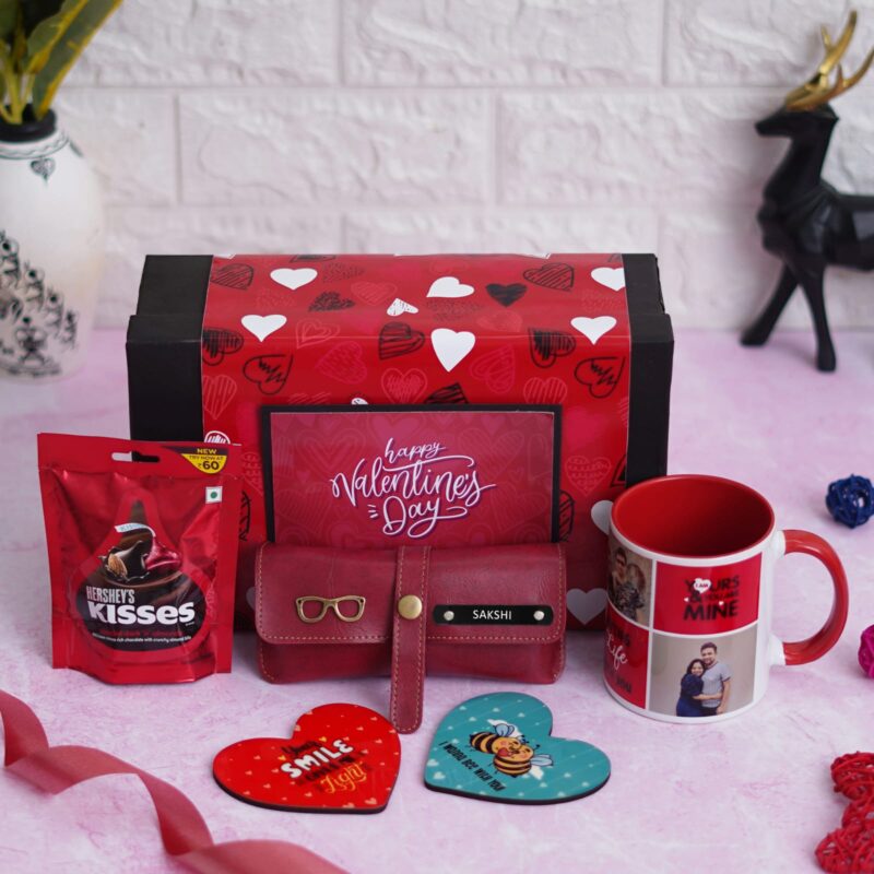 Valentine Delight Hamper - Personalized Mug, Heart Coasters, Eyewear Case & Hershey's Chocolate"