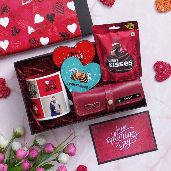 Valentine Delight Hamper - Personalized Mug, Heart Coasters, Eyewear Case & Hershey's Chocolate" - Image 2