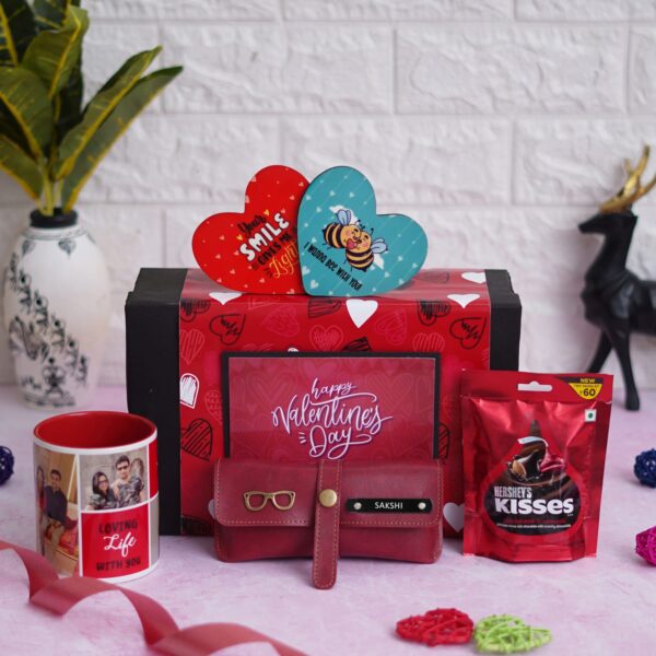 Valentine Delight Hamper - Personalized Mug, Heart Coasters, Eyewear Case & Hershey's Chocolate" - Image 3